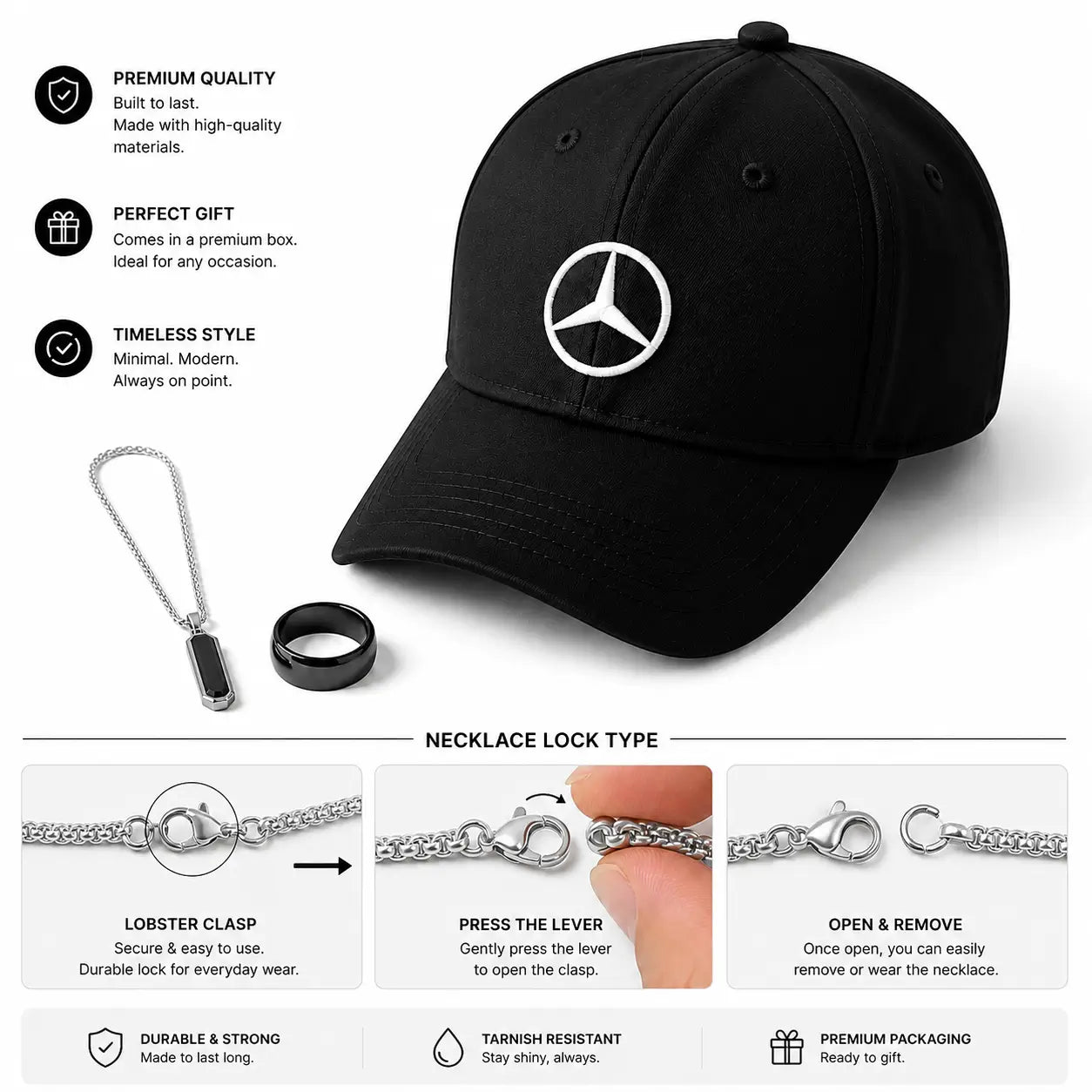 Pack of 3 Deal Mercedes Cap + Stainless Steel Chain & Classic Ring
